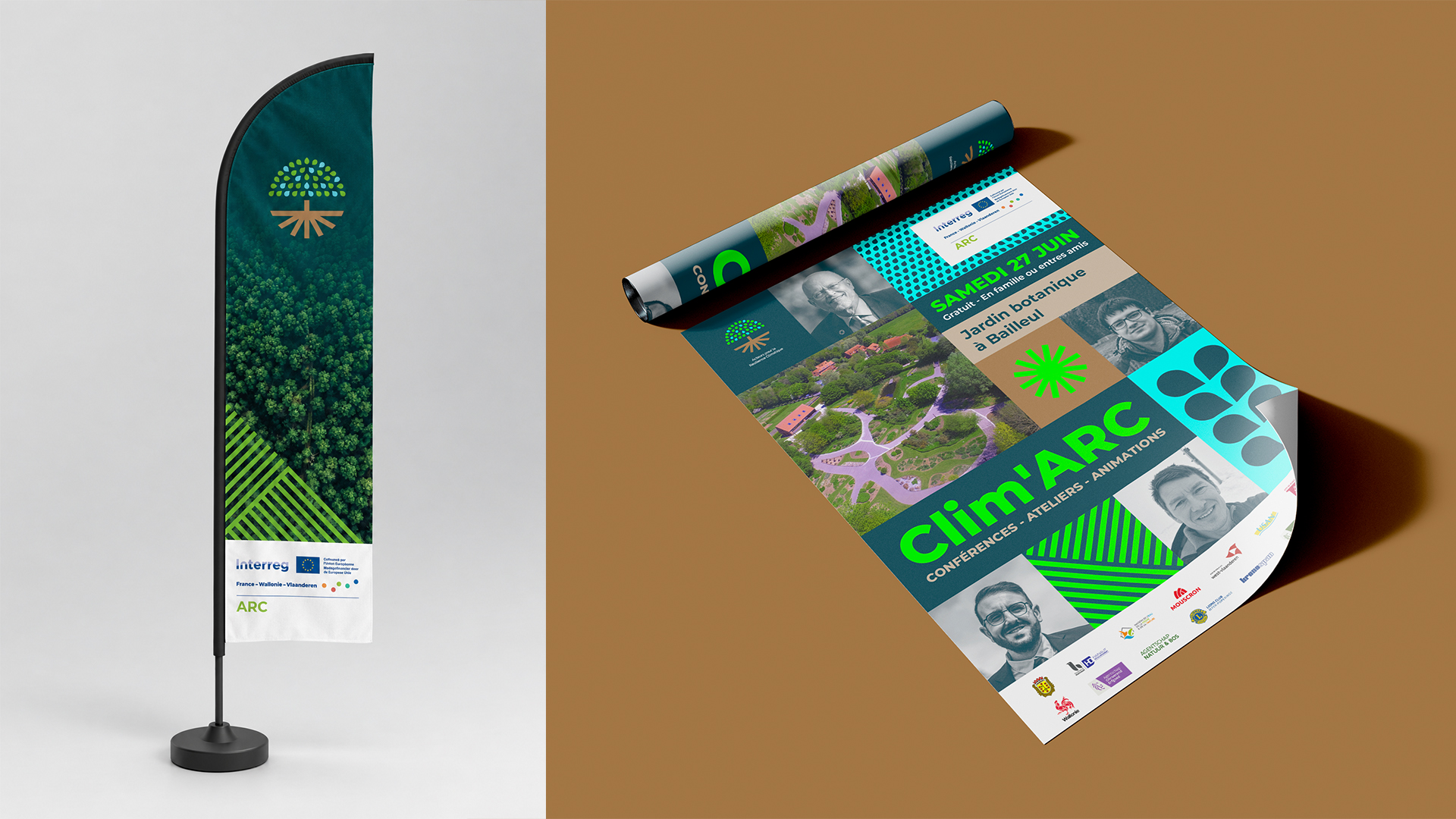 Oriflamme et affiches pour la communication sur la résilience climatique pour ARC Interreg Outils de communication sur la résilience climatique des territoires transfrontaliers